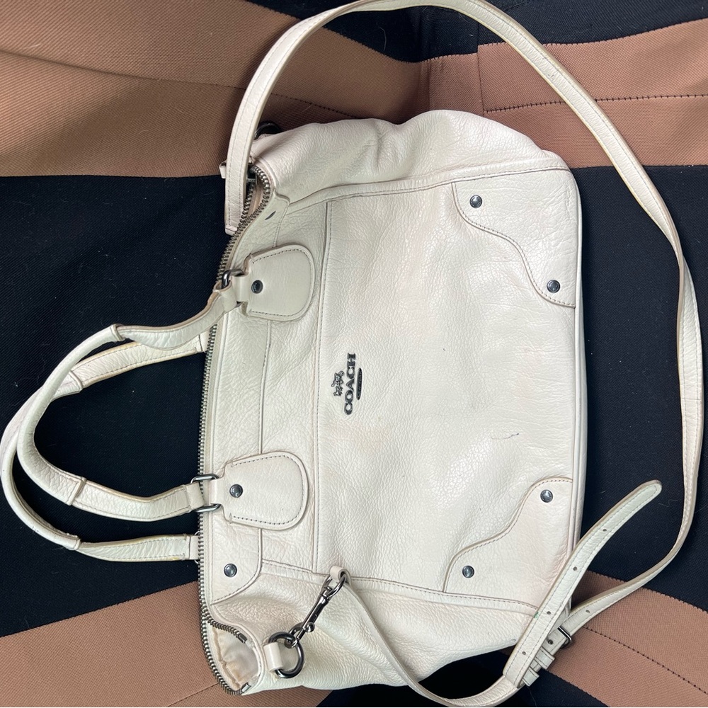 Coach Cream Shoulder Bag with Structured Design and Silver Hardware